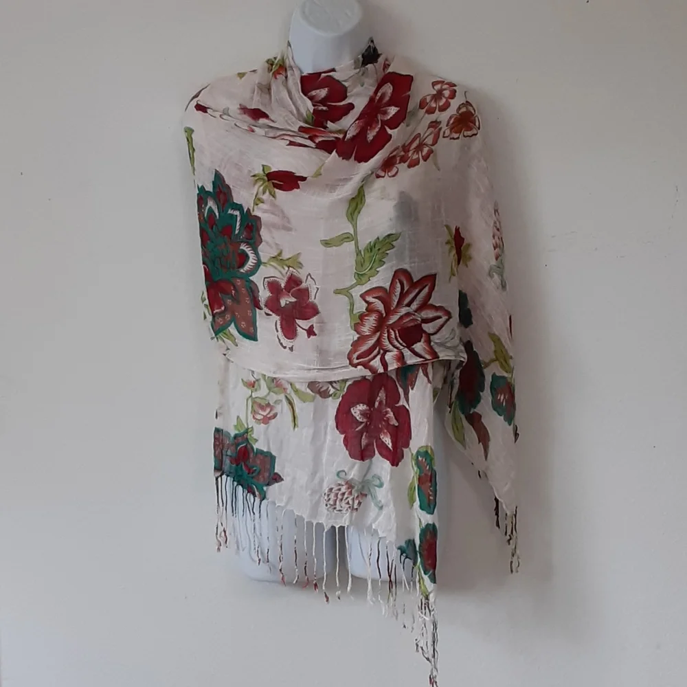 Teal, lime, red floral print on cream scarf